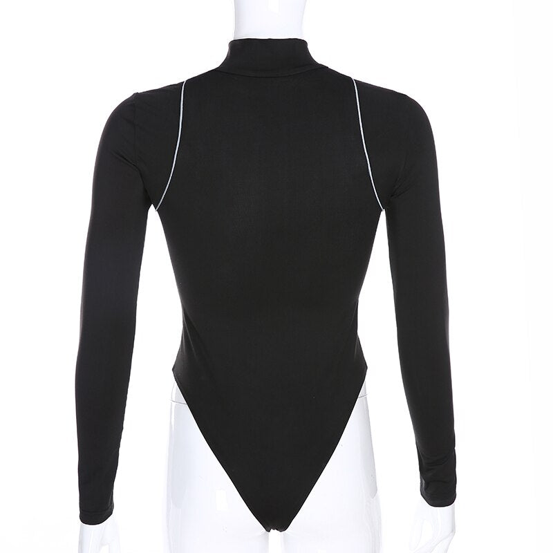 Women Rockmore Bodycon Long Sleeve Reflective Stripe Zipper Bodysuit