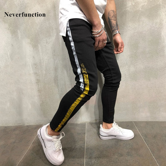 Men Gold silver coating printed Joggers Denim Pants