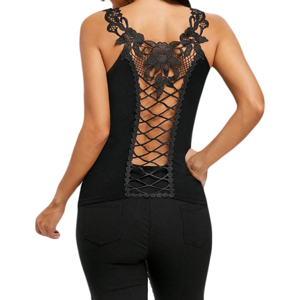 Women O-Neck Lace Shoulder Straps Back Hollow Out Vest T-Shirt