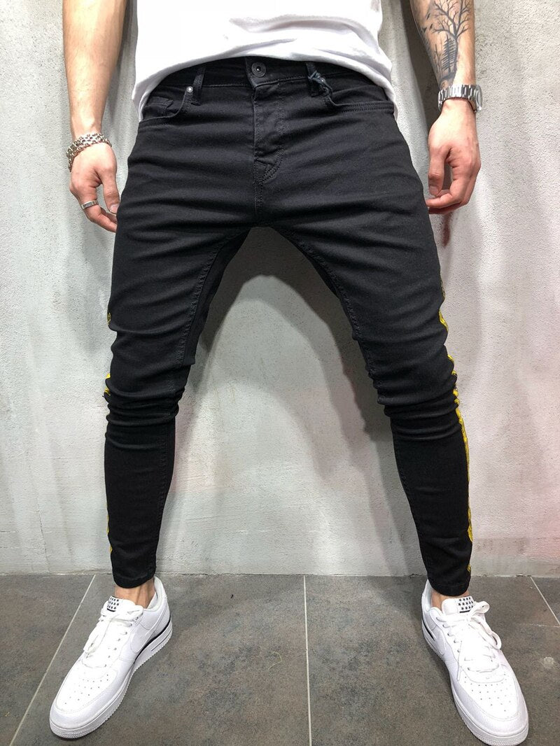 Men Gold silver coating printed Joggers Denim Pants