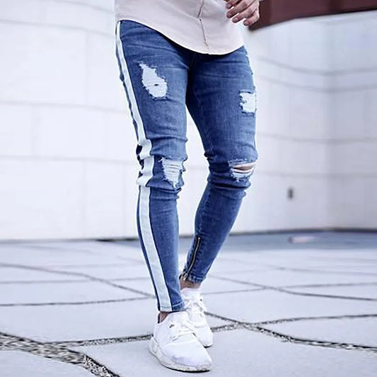 Mens Hip Hop Stripe Elastic Slim Fit Denim Pants