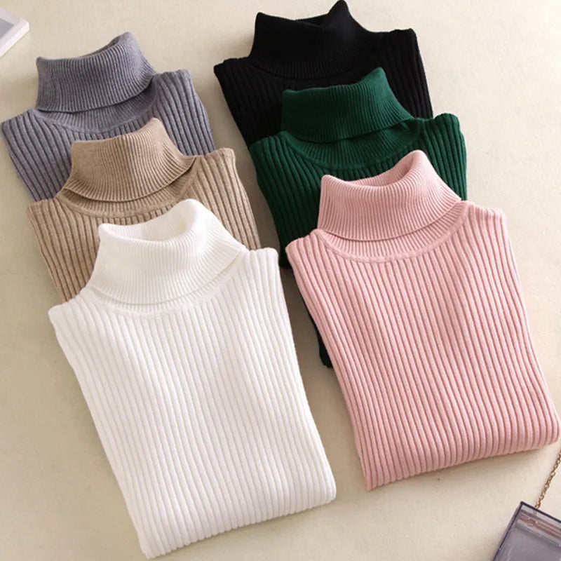 Womens Knitted Solid Turtleneck Casual Rib Jumper Tops