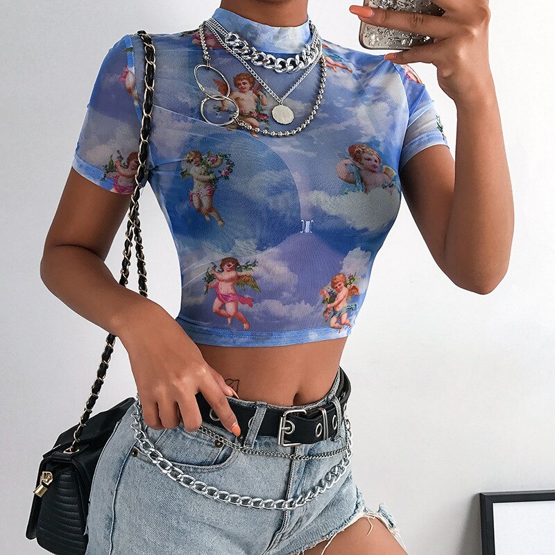 Womens Angel Print Mesh Sexy T Shirt Crop Top High Neck Short Sleeve Graphic Tee