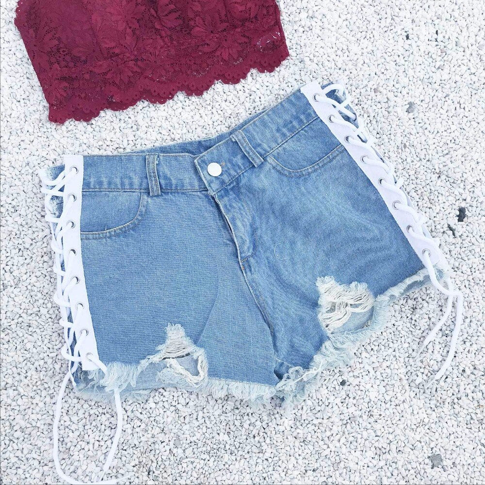 Women's Sexy High Waist Hole Bandage Cut Off Denim Jeans Shorts