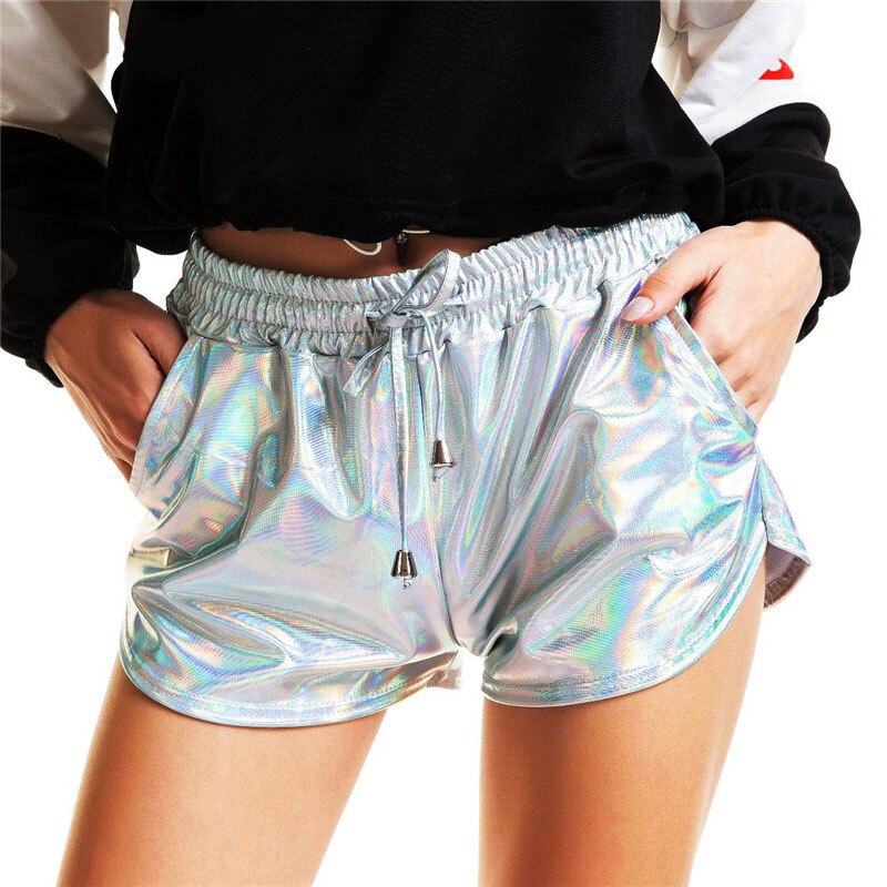 Womens Shiny Metallic Hot Shorts Holographic Casual Elastic Drawstring Shorts