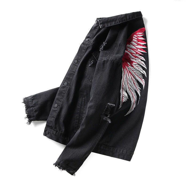 Men Black Hole Distressed Denim Jackets High Street Wing Embroidery Jean Jacket