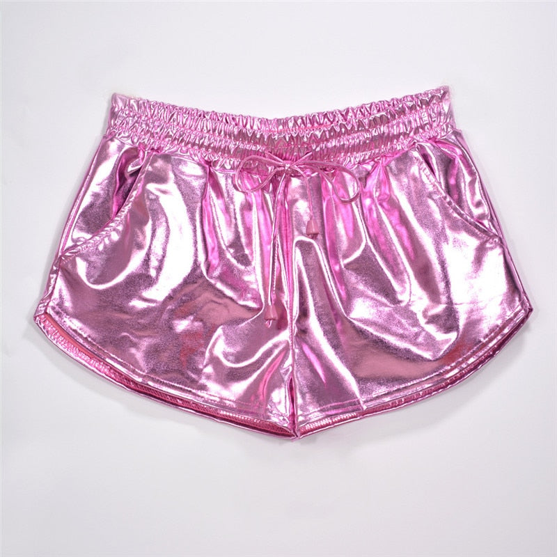 Womens Shiny Metallic Hot Shorts Holographic Casual Elastic Drawstring Shorts