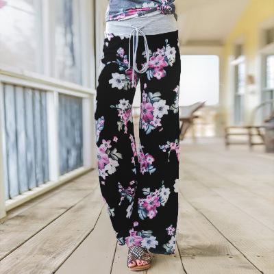 Spring Autumn Women Long Pants Loose Floral Print Drawstring Lace Camouflage stripe Wave point Sweatpants