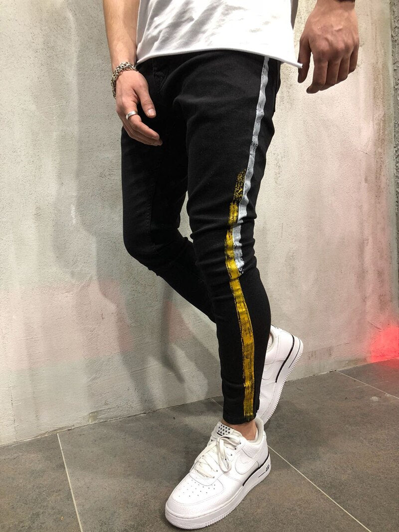 Men Gold silver coating printed Joggers Denim Pants