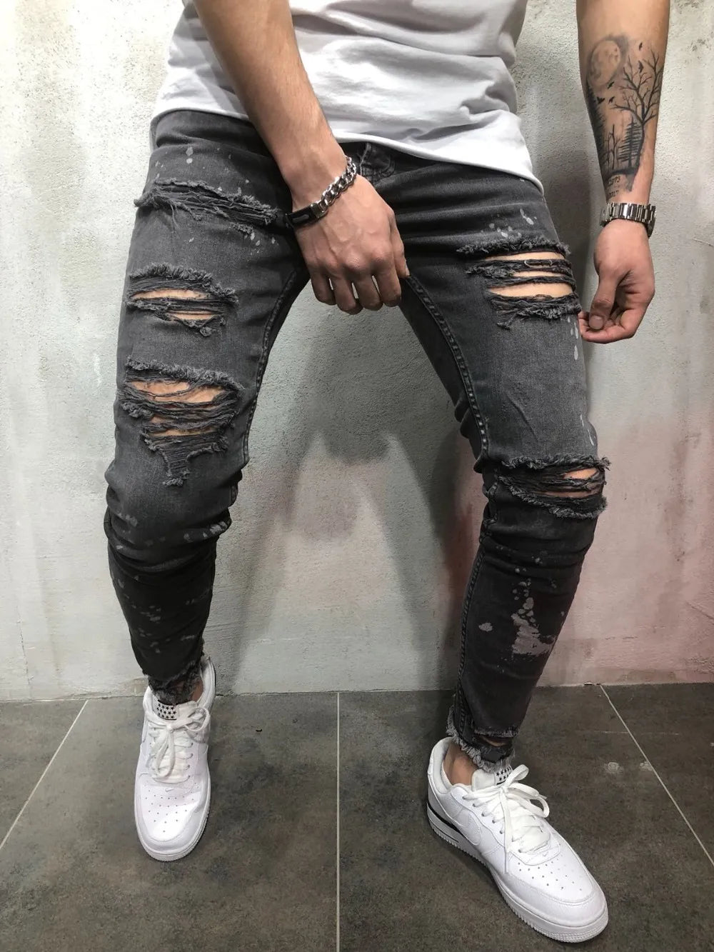 Men Splashing ink Vintage gray Ripped Skinny Jeans