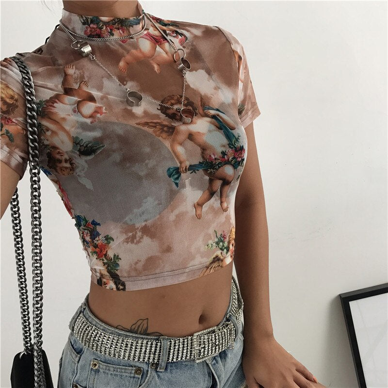 Angel Print Mesh Sexy T Shirt Crop Top High Neck Short Sleeve Graphic Tees Women Streetwear Harajuku Shirts