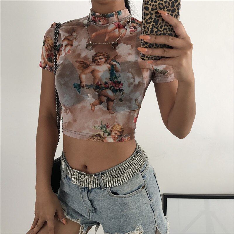 Angel Print Mesh Sexy T Shirt Crop Top High Neck Short Sleeve Graphic Tees Women Streetwear Harajuku Shirts