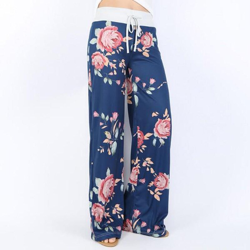 Spring Autumn Women Long Pants Loose Floral Print Drawstring Lace Camouflage stripe Wave point Sweatpants