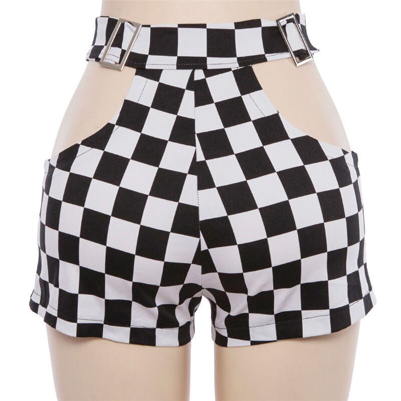 Women Hollow Out Metal Buckle Hot Shorts High Rise Skinny Plaid Shorts