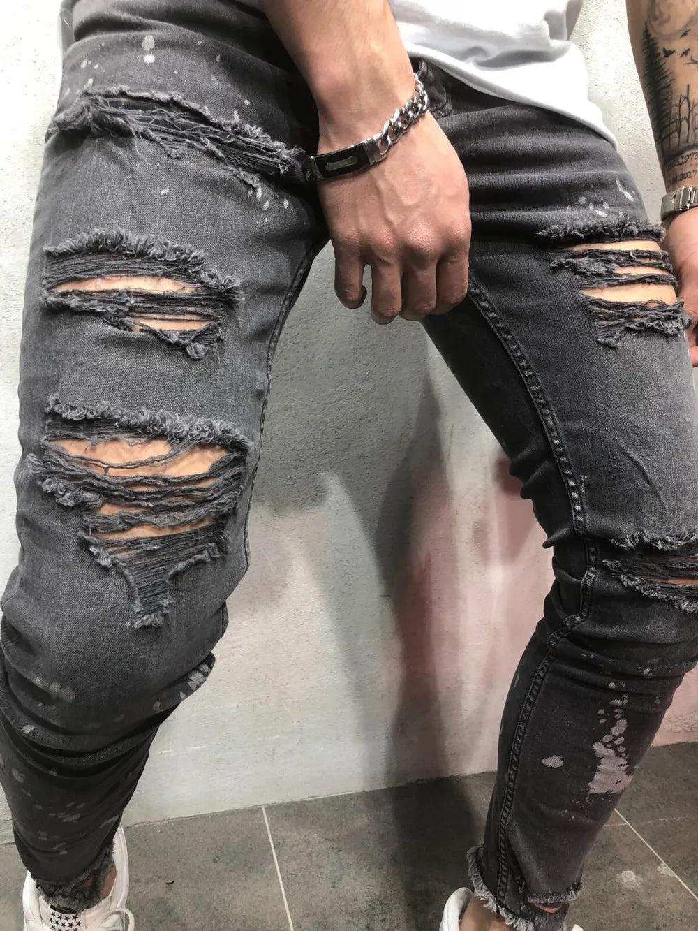 Men Splashing ink Vintage gray Ripped Skinny Jeans