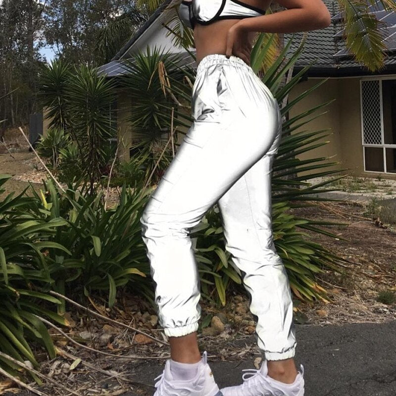 Womens Reflective pants high waist jogger sweatpants