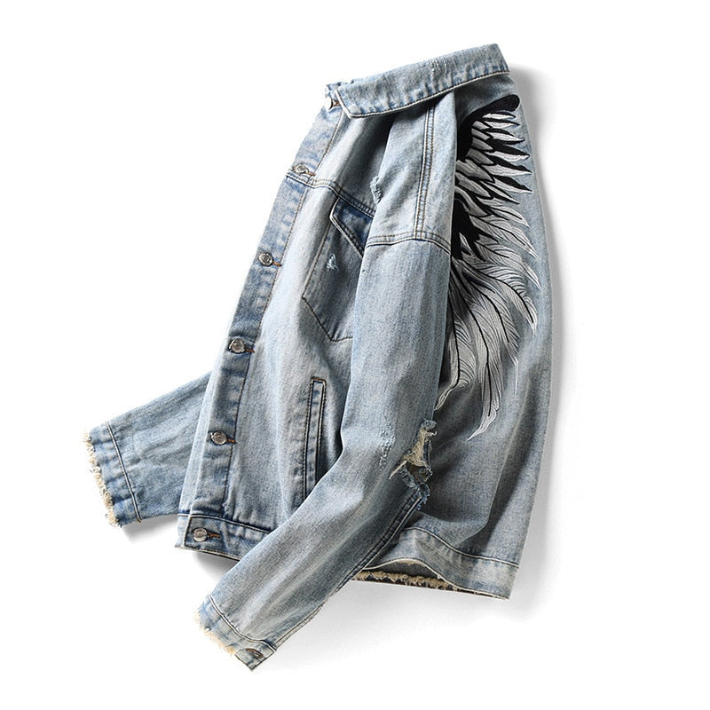 Men Black Hole Distressed Denim Jackets High Street Wing Embroidery Jean Jacket