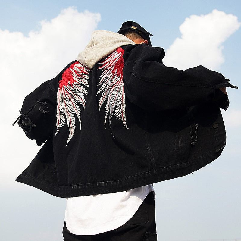 Men Black Hole Distressed Denim Jackets High Street Wing Embroidery Jean Jacket