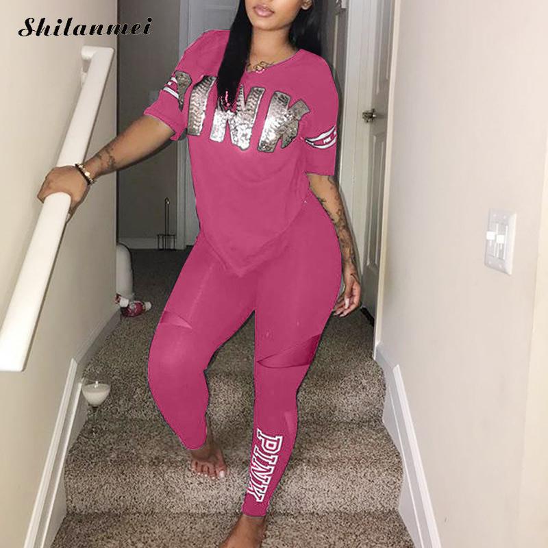 Womens Two Piece Pink Letter Print Sport suit