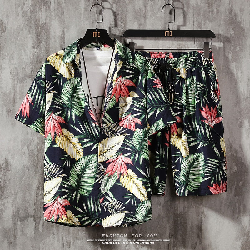 Men Casual Beach Wear Men 2 Piece Set Prined Shirt + Shorts Summer Clothes