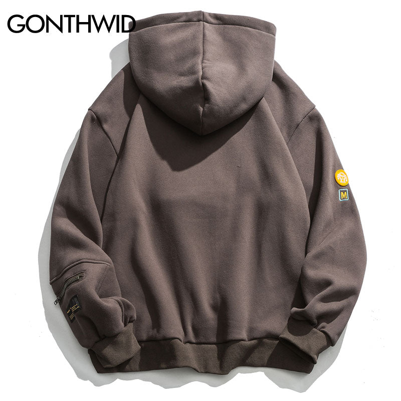 Men's GONTHWID Hip Hop Pocket Smile Face Patchwork Hooded Sweatshirt