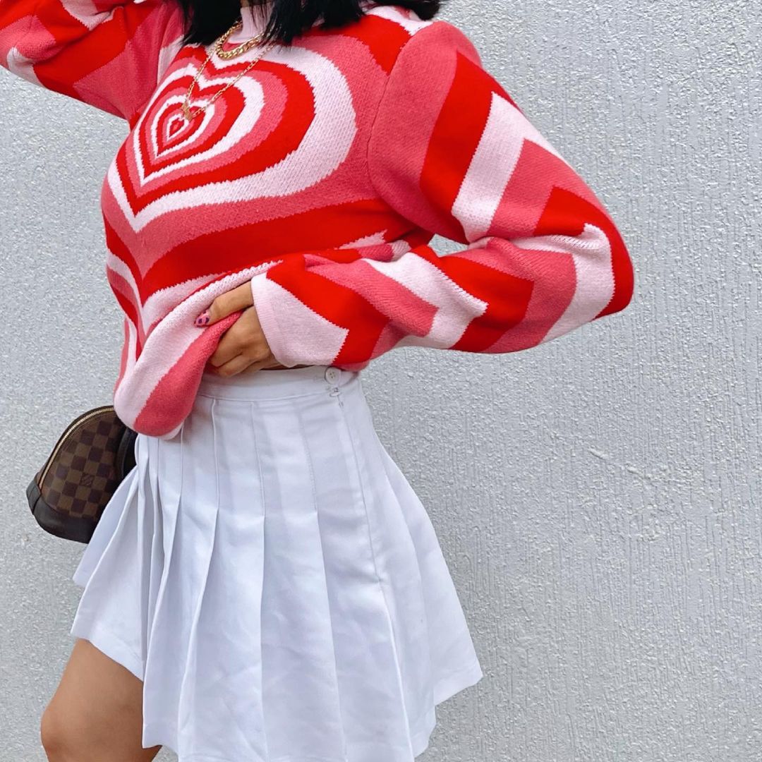 Womens Y2K Knitted Aesthetic Heart Striped Sweater