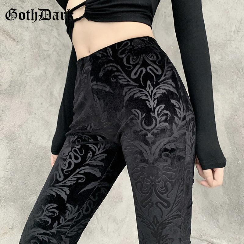 Women's Goth Dark Vintage Floral Scratched Pants High Waist