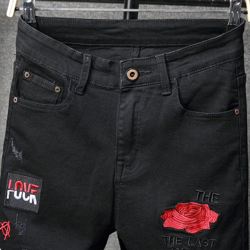 Sokotoo Men's red flower black jeans