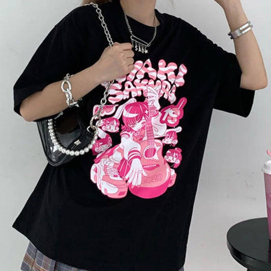 Womens Korea pop E-girl guitar print black Crop