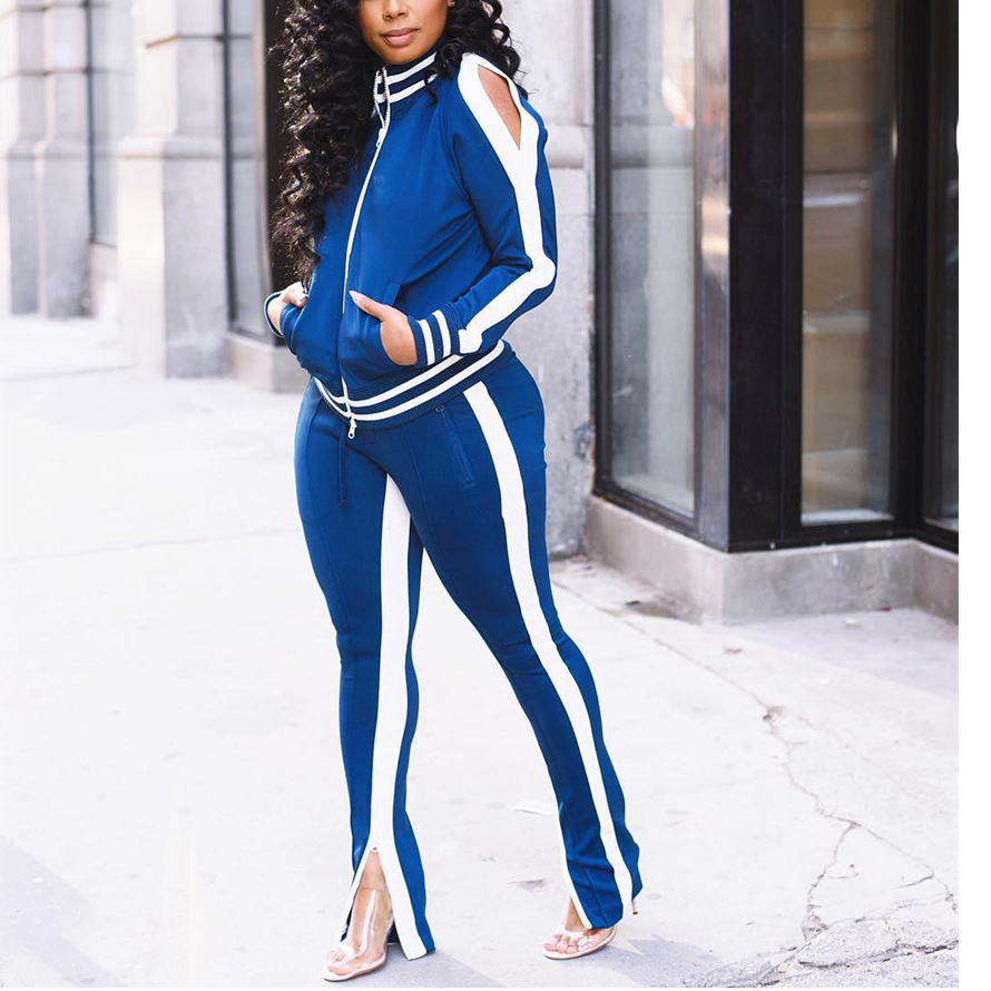 Womens Winter Ladies Casual Sportswear Zipper Striped Tracksuit