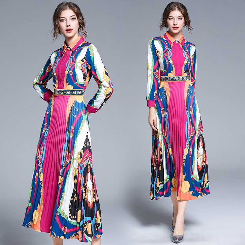 Womens Fashion Style Printed Pleated Midi Vintage Dress