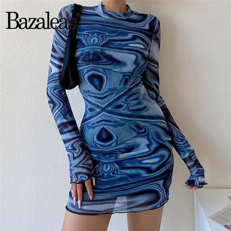 Womens bazaleas Slim Blue Wave Pattern Vestidos Dresses