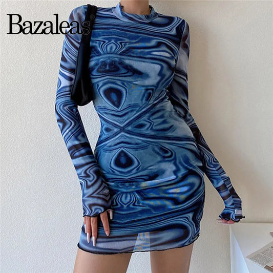 Womens bazaleas Slim Blue Wave Pattern Vestidos Dresses