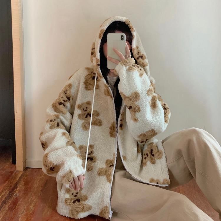 Women's Cartoon Bear Lamb Wool Zip Up Hoodie