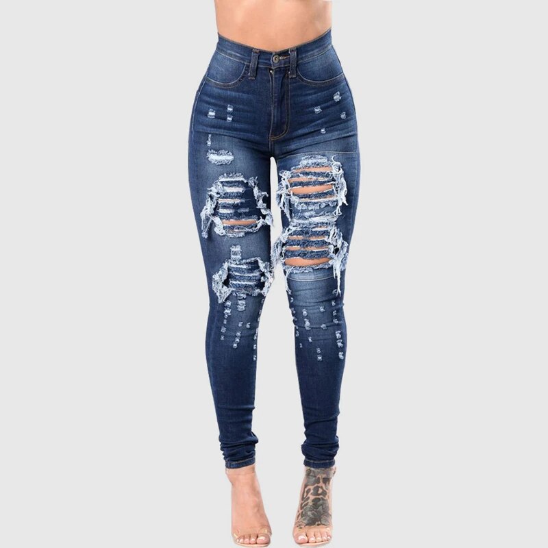 Womens Stretch Skinny Ripped Hole Washed Denim Jeans