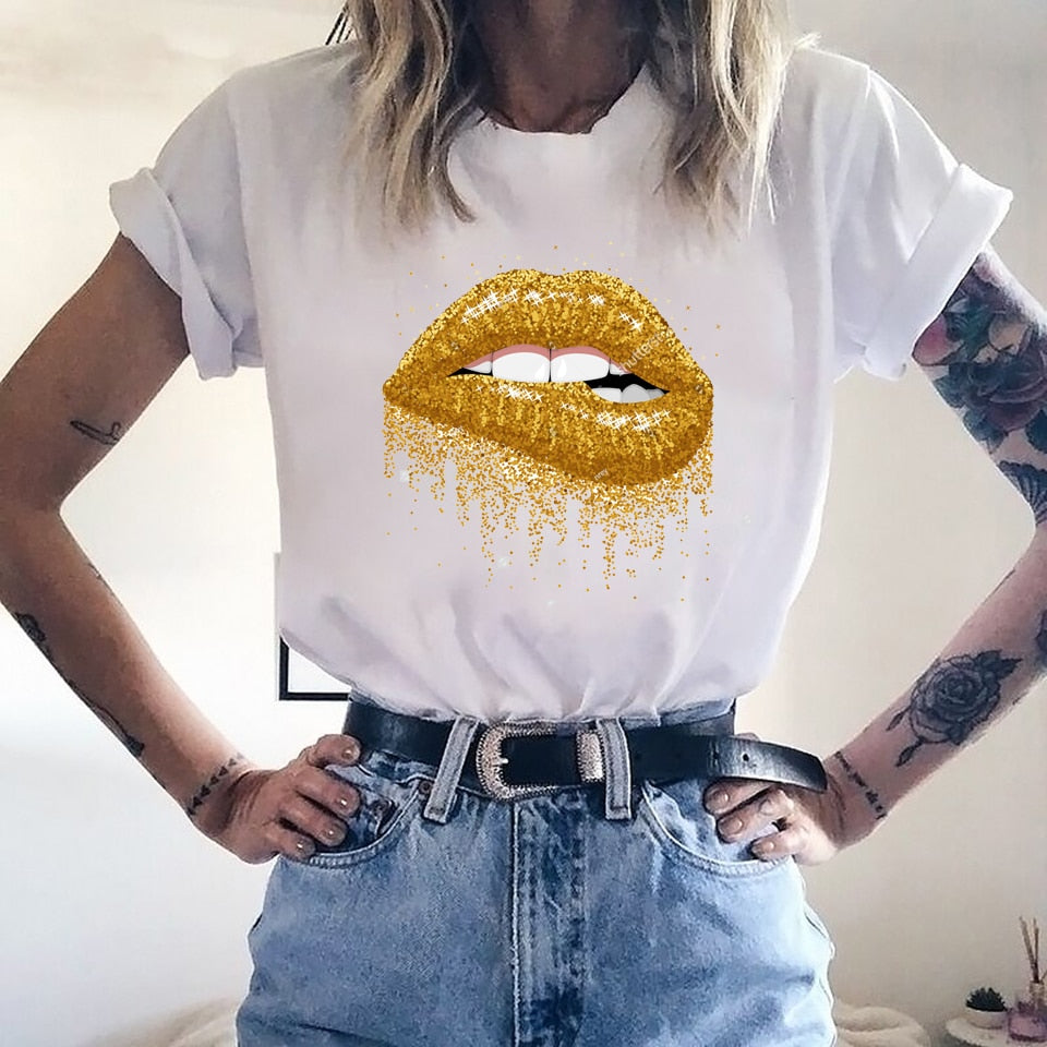 Women Lips Leopard Print labios T-shirt