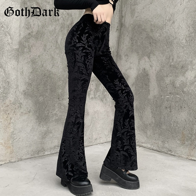 Women's Goth Dark Vintage Floral Scratched Pants High Waist