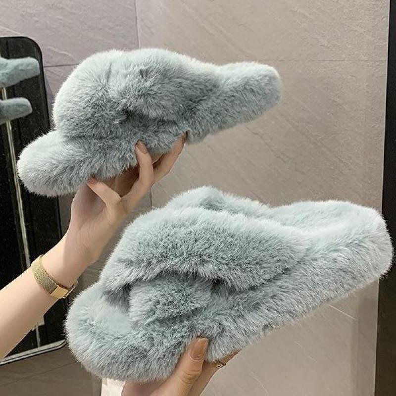 Woman Summer Fluffy Fox Fur Slides