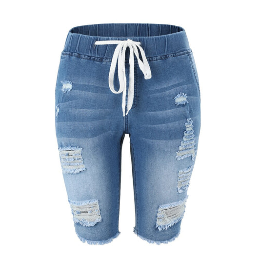 Womens Denim Ripped Bermuda Drawstring Stretch Jeans Shorts