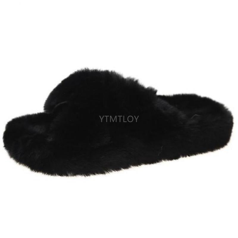 Woman Summer Fluffy Fox Fur Slides