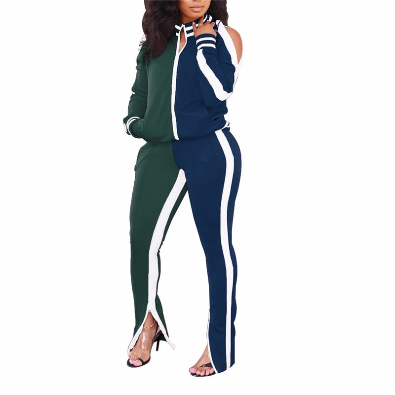 Womens Winter Ladies Casual Sportswear Zipper Striped Tracksuit