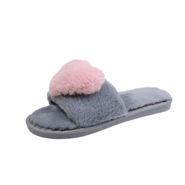 COOTELILI Women Home Slippers Heart-Shaped Winter Warm Shoes Woman Slip on Flats Slides Female Faux Fur Slippers Casual 36-45