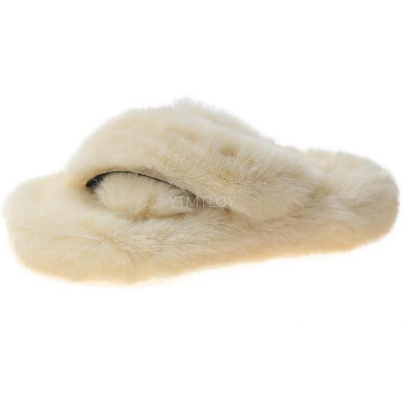 Woman Summer Fluffy Fox Fur Slides