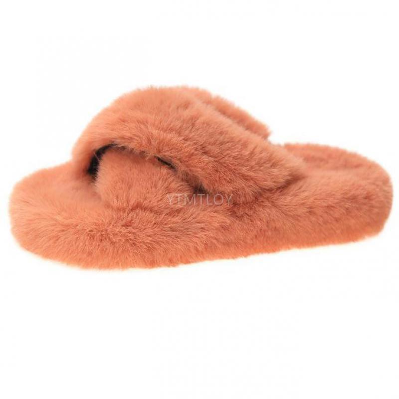 Woman Summer Fluffy Fox Fur Slides