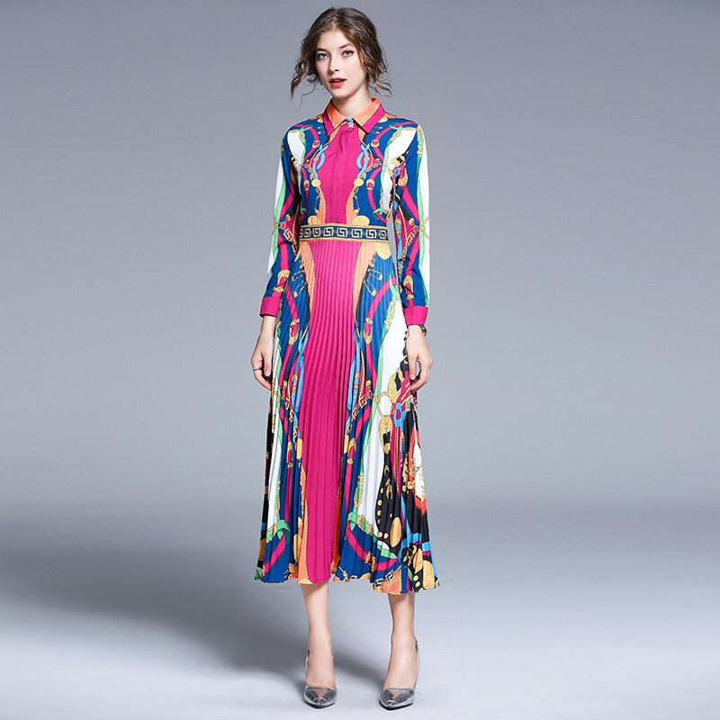 Womens Fashion Style Printed Pleated Midi Vintage Dress