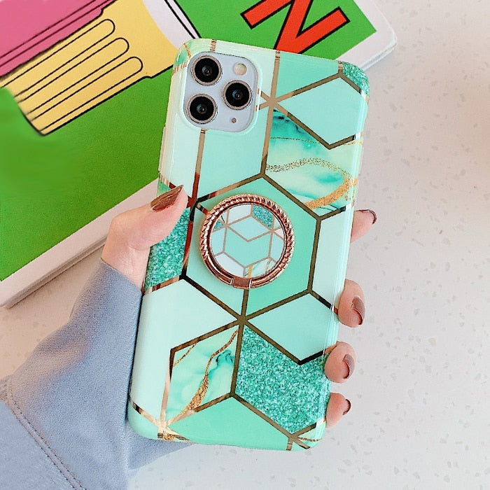 Plating Geometric Marble Ring Stand Phone Case For iphone