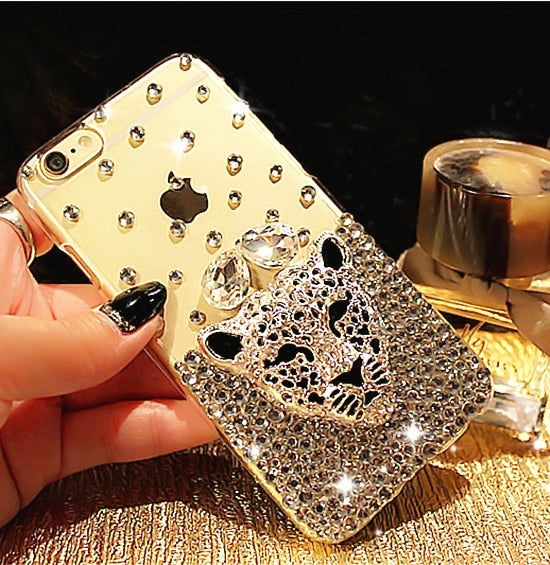 Luxury Hot Tiger Leopard Head Diamond Rhinestone Crystal Bling Phone Cases For iphone