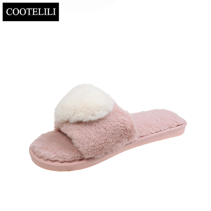 COOTELILI Women Home Slippers Heart-Shaped Winter Warm Shoes Woman Slip on Flats Slides Female Faux Fur Slippers Casual 36-45