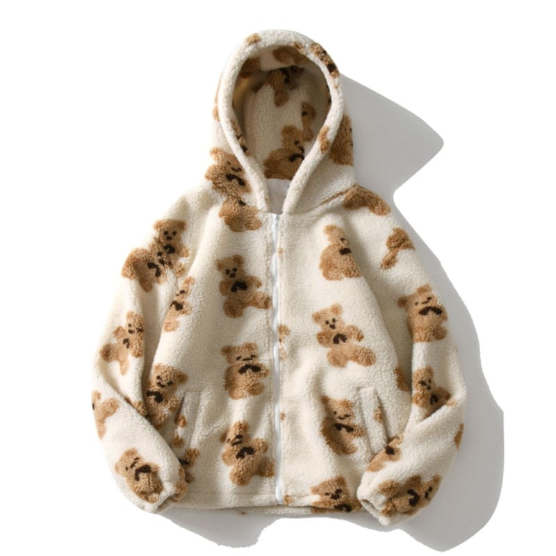 Women's Cartoon Bear Lamb Wool Zip Up Hoodie