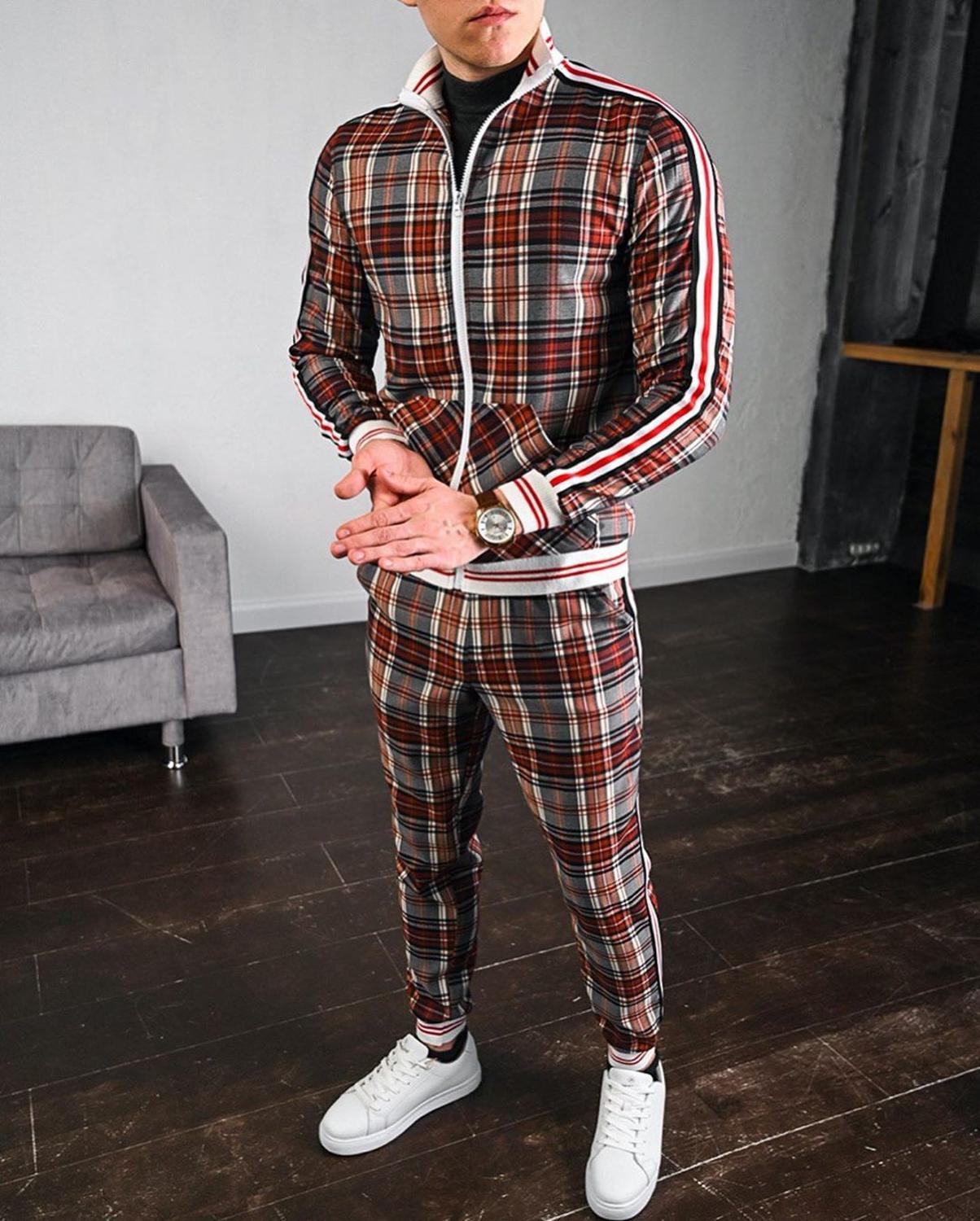 Men Two-piece Striped Lattice Suit Zipper Jacket+Fashion High Quality Sportswear